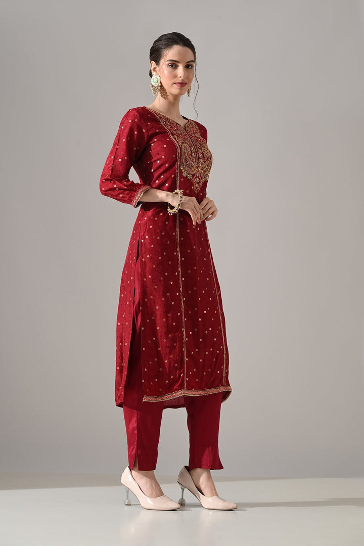 Maroon Embroidered Kurta 3 Pcs Set