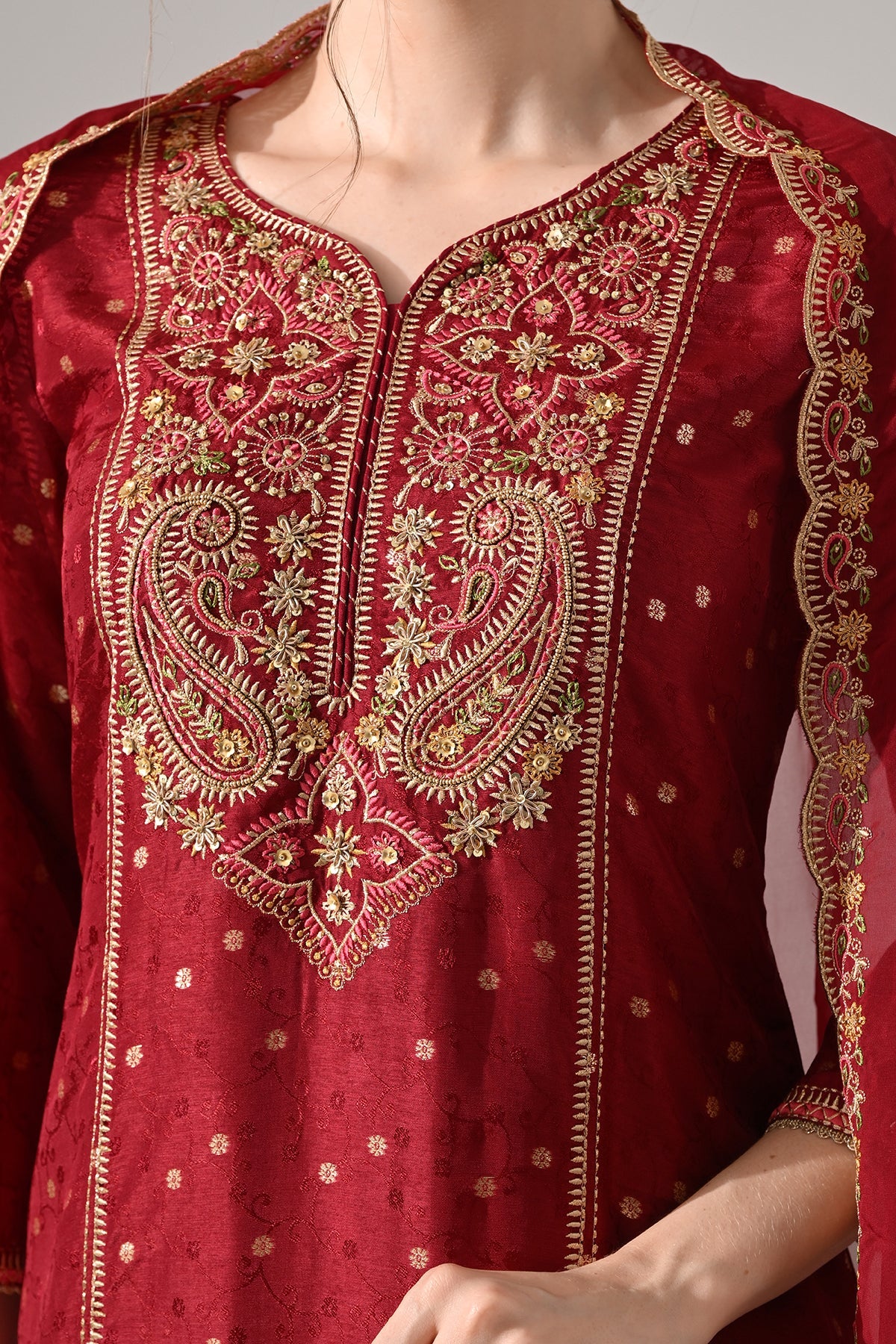 Maroon Embroidered Kurta 3 Pcs Set