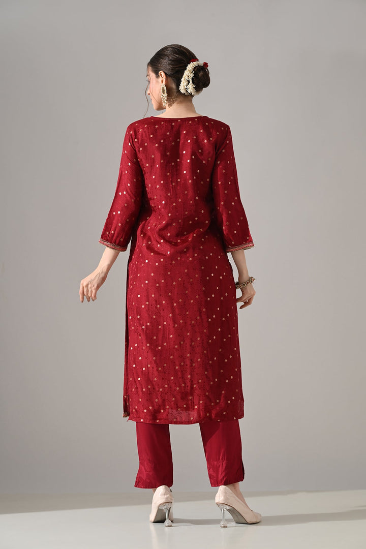 Maroon Embroidered Kurta 3 Pcs Set