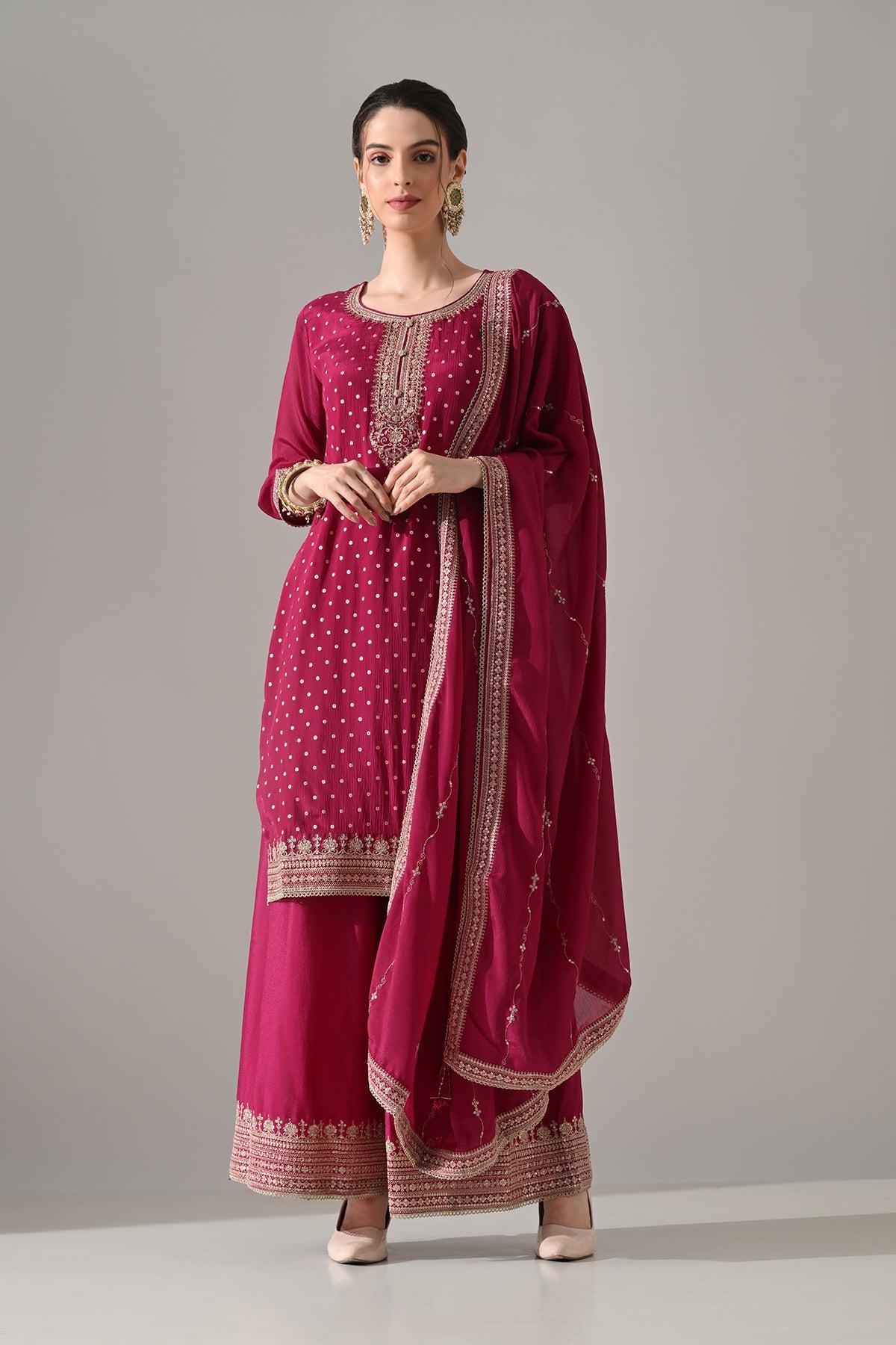 Magenta Printed Straight Kurta 3 Pcs Set
