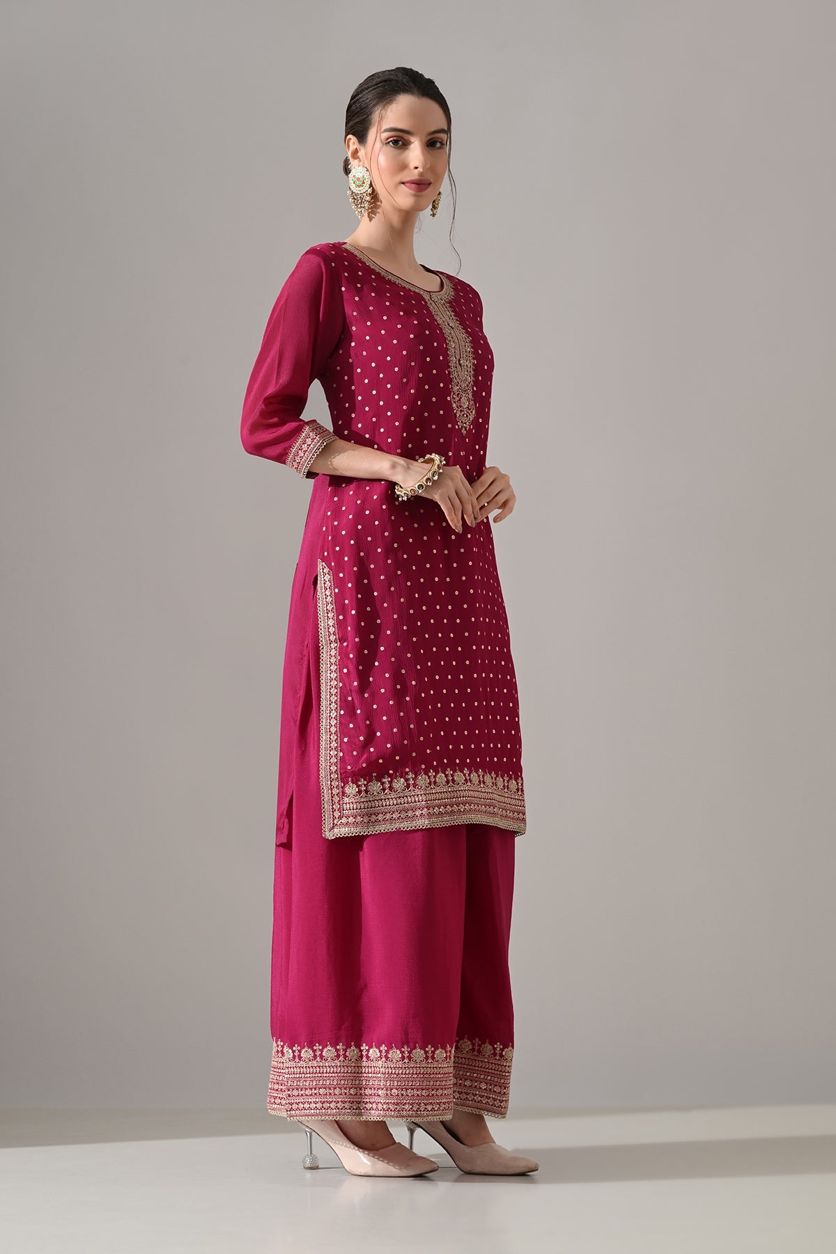 Magenta Printed Straight Kurta 3 Pcs Set