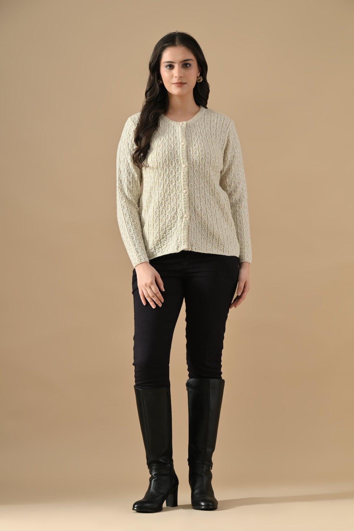 Winter Cream Knitted Mandarin Collar Cardigan