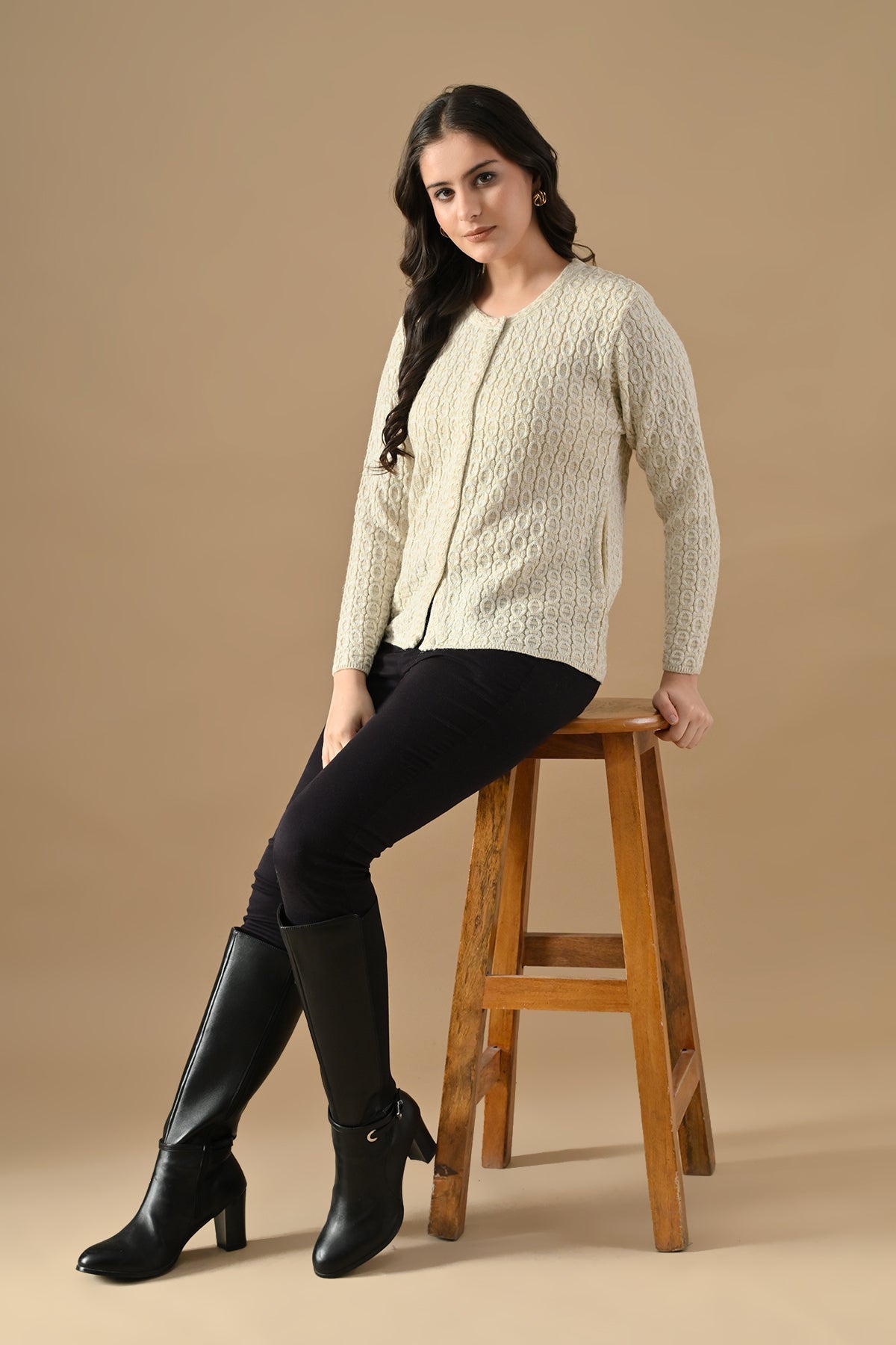Winter Cream Knitted Mandarin Collar Cardigan