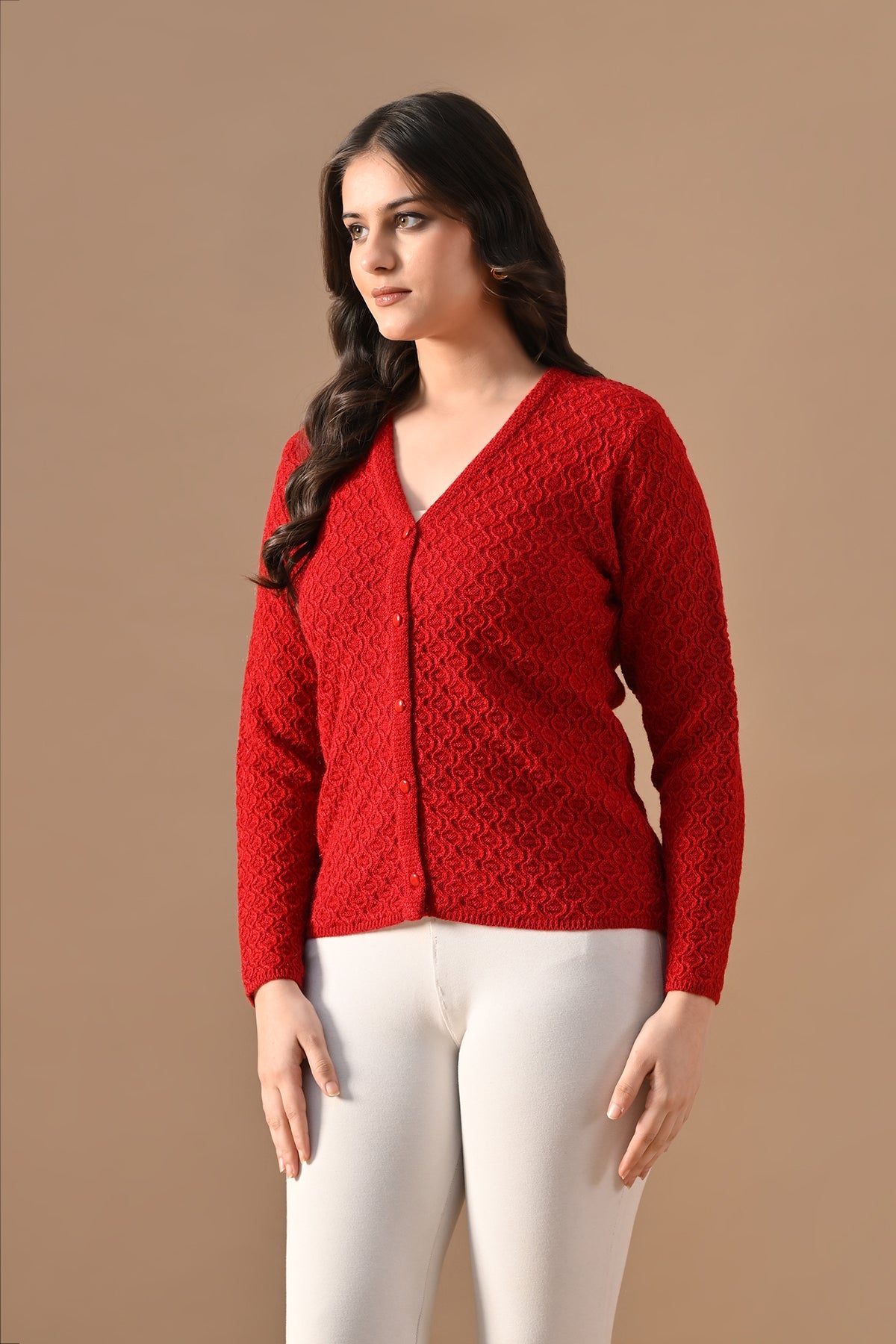 Winter Red Knitted V-Neck Cardigan