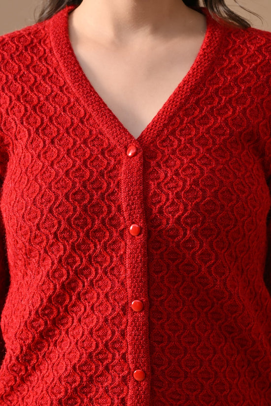 Winter Red Knitted V-Neck Cardigan