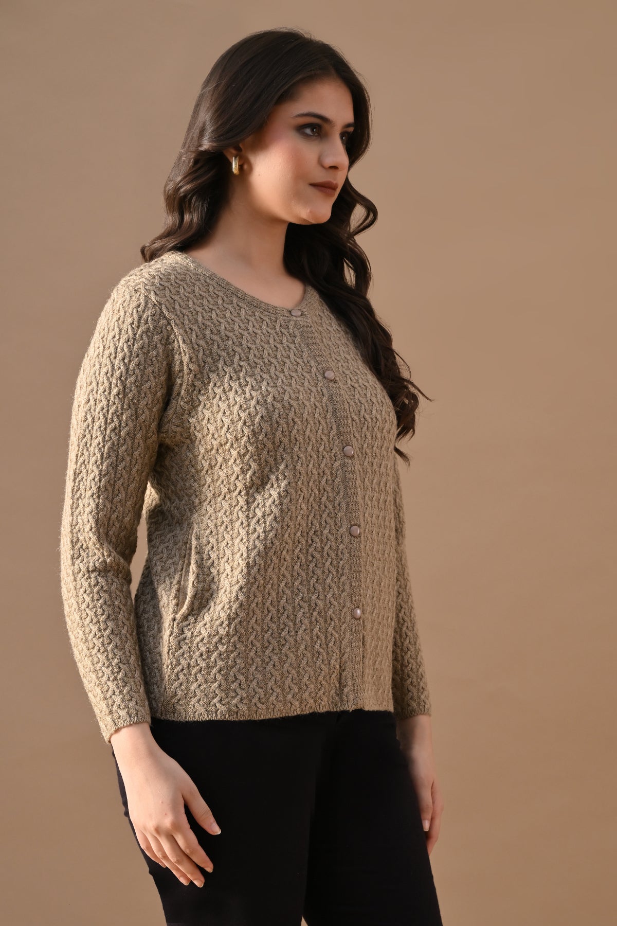 Winter Beige Knitted Button-Down Cardigan
