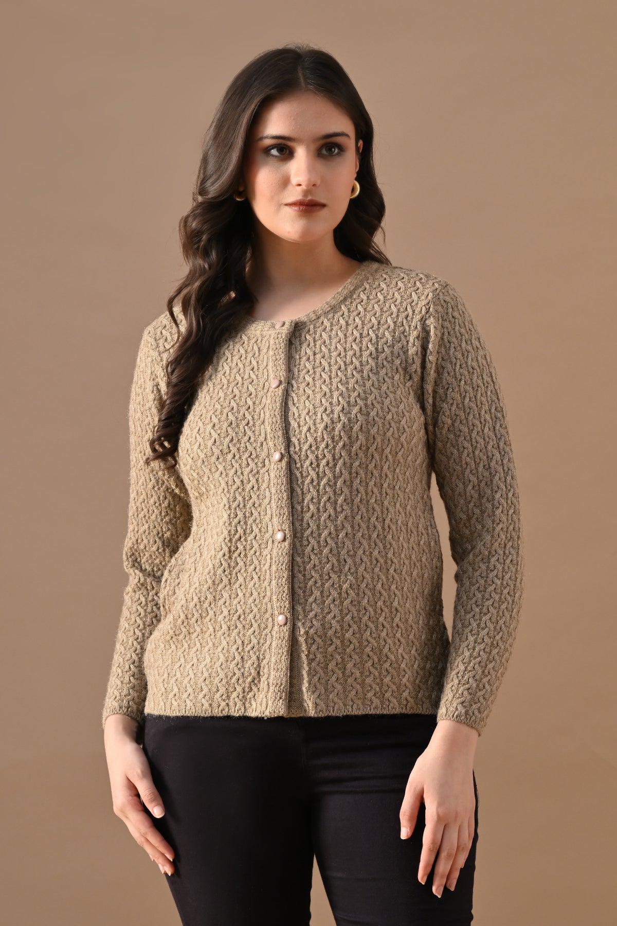 Winter Beige Knitted Button-Down Cardigan