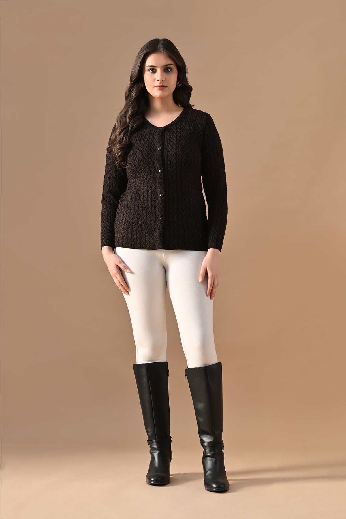 Winter Brown Knitted Self-Design Round Neck Cardigan