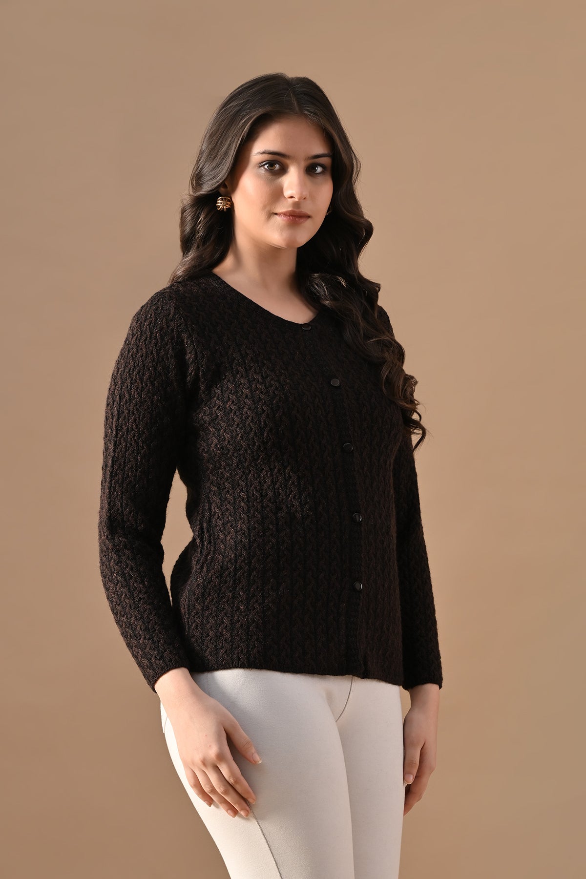 Winter Brown Knitted Self-Design Round Neck Cardigan
