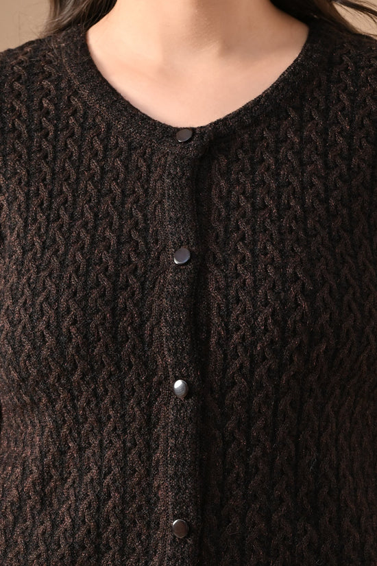 Winter Brown Knitted Self-Design Round Neck Cardigan