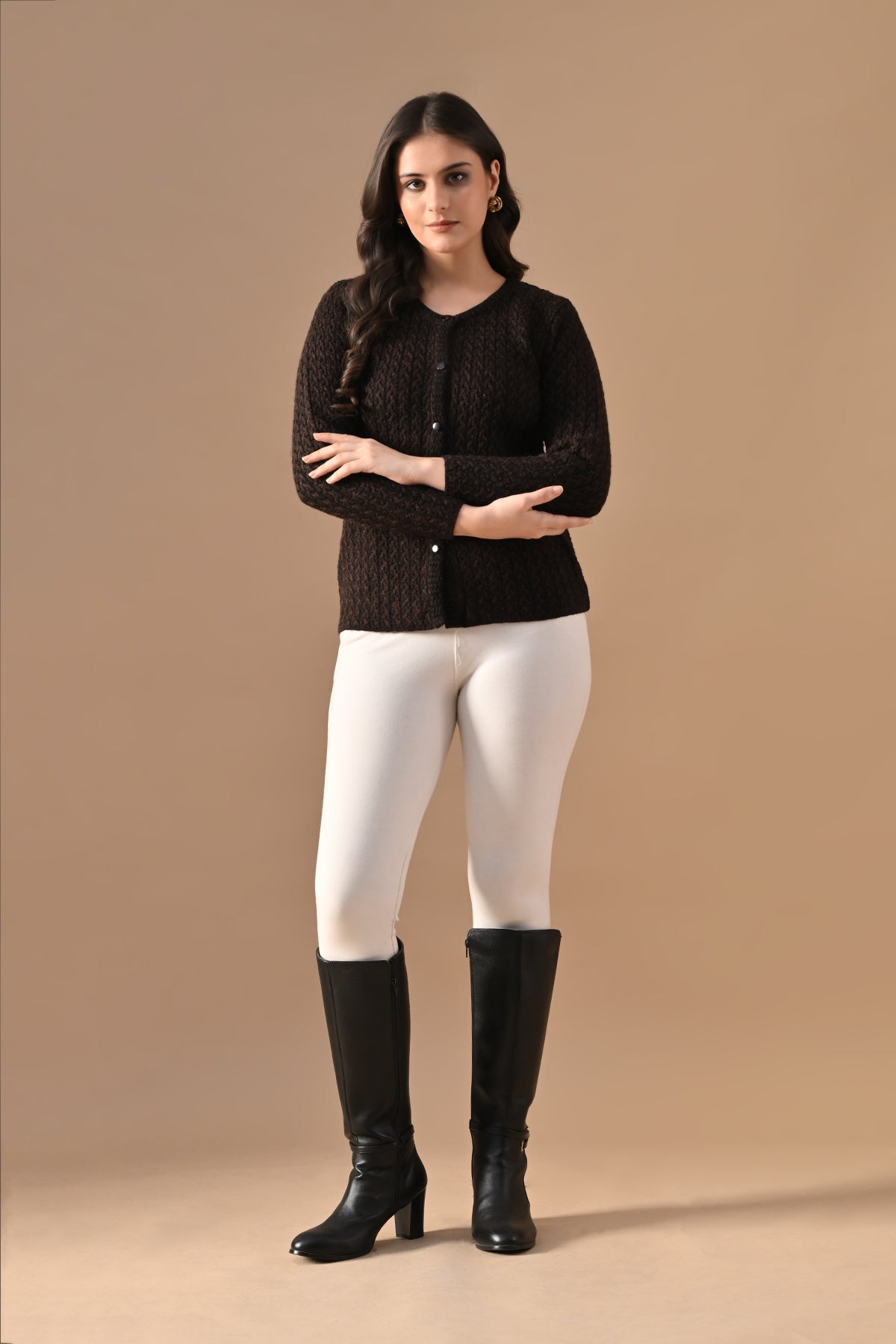 Winter Brown Knitted Self-Design Round Neck Cardigan