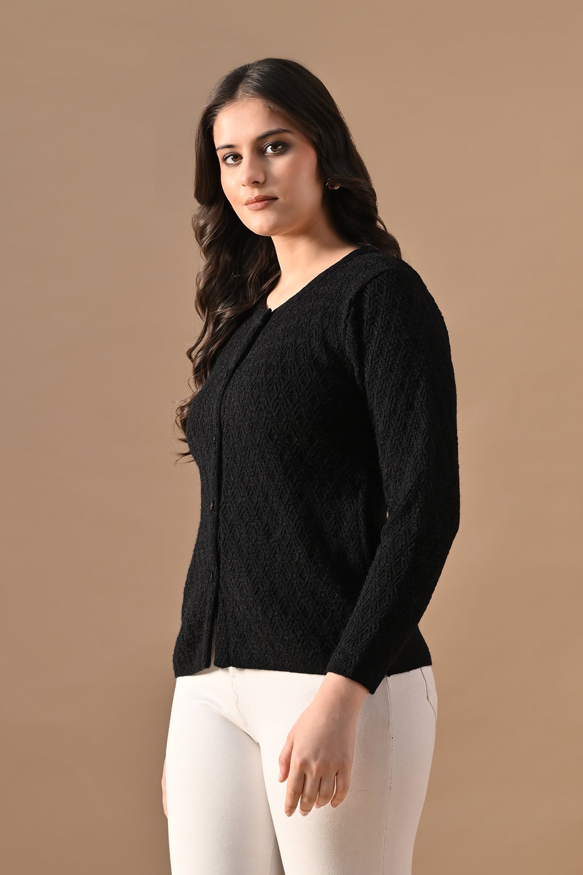 Winter Black Knitted Mandarin Collar Cardigan