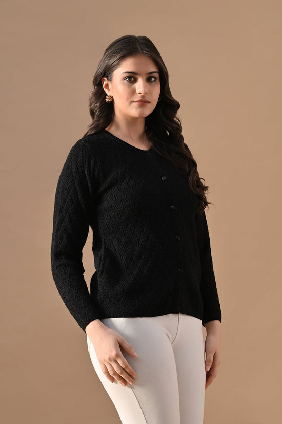 Winter Black Knitted Mandarin Collar Cardigan