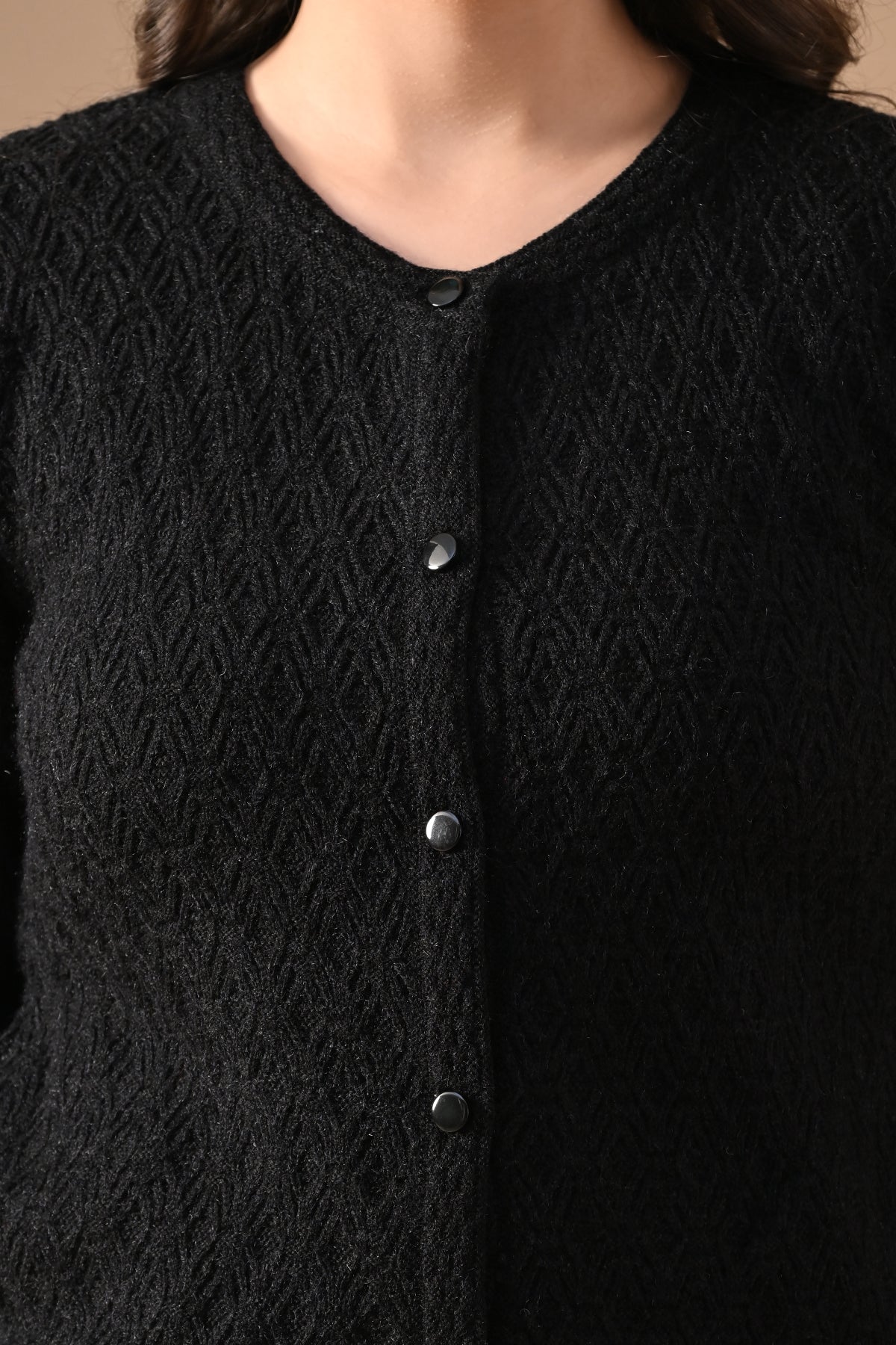 Winter Black Knitted Mandarin Collar Cardigan