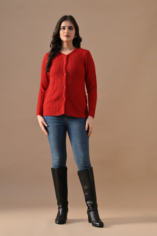 Winter Red Knitted Mandarin Collar Cardigan