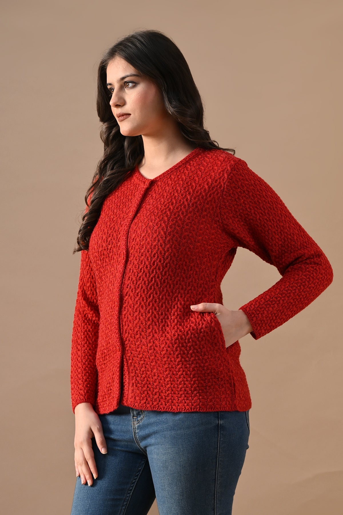 Winter Red Knitted Mandarin Collar Cardigan
