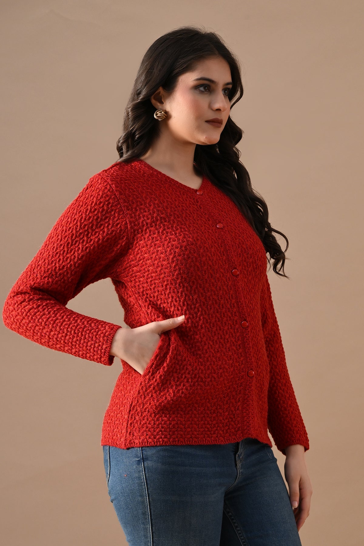 Winter Red Knitted Mandarin Collar Cardigan