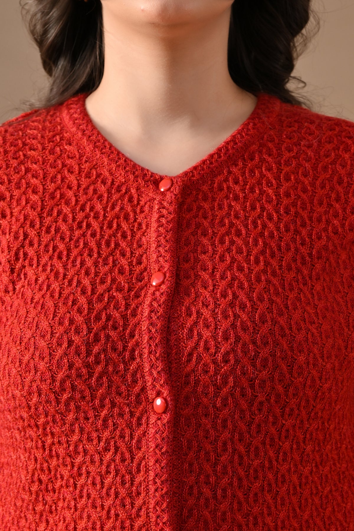 Winter Red Knitted Mandarin Collar Cardigan