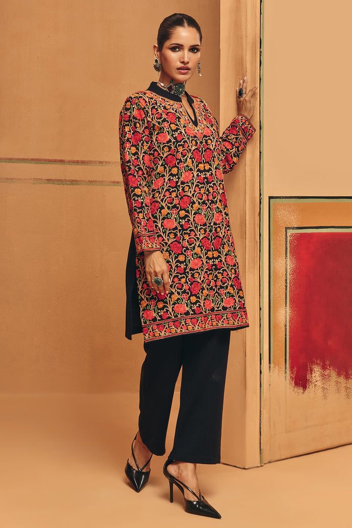 Winter Multi Embroideredred Ethnic Motifs Woven Kurta Set