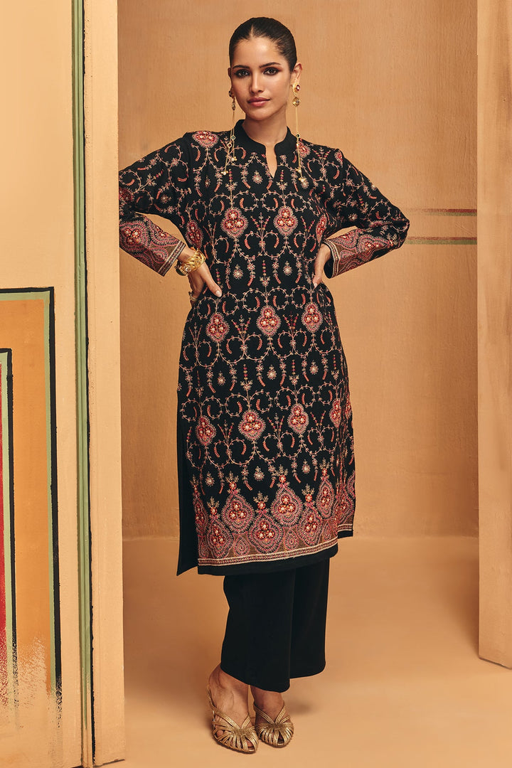 Winter Black Embroideredred Ethnic Motifs Woven Kurta Set