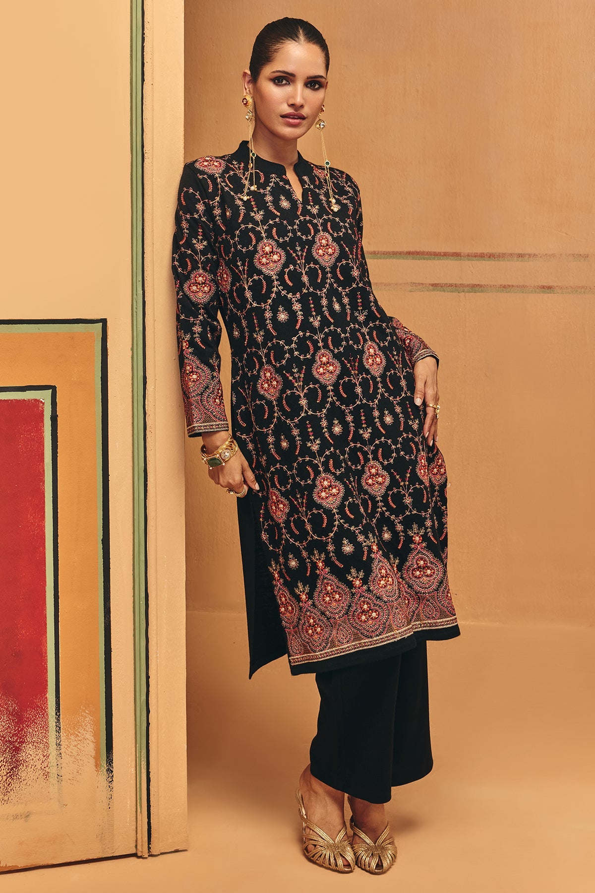 Winter Black Embroideredred Ethnic Motifs Woven Kurta Set