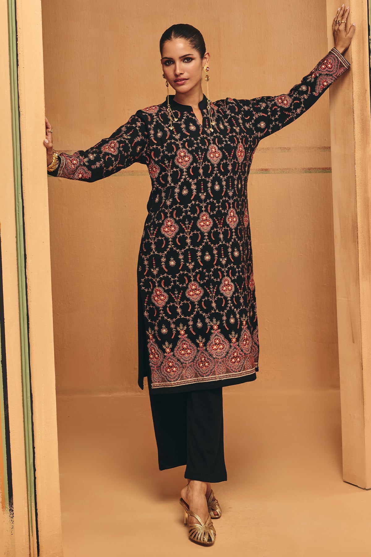 Winter Black Embroideredred Ethnic Motifs Woven Kurta Set