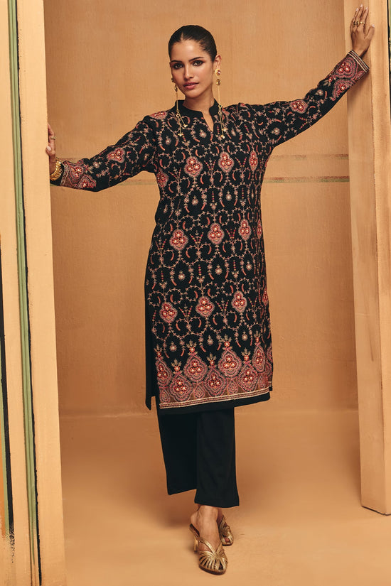 Winter Black Embroideredred Ethnic Motifs Woven Kurta Set