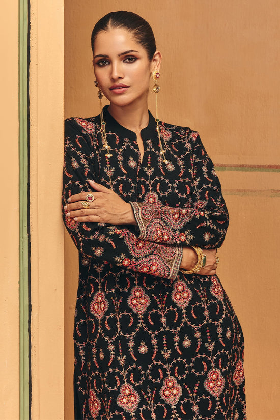 Winter Black Embroideredred Ethnic Motifs Woven Kurta Set
