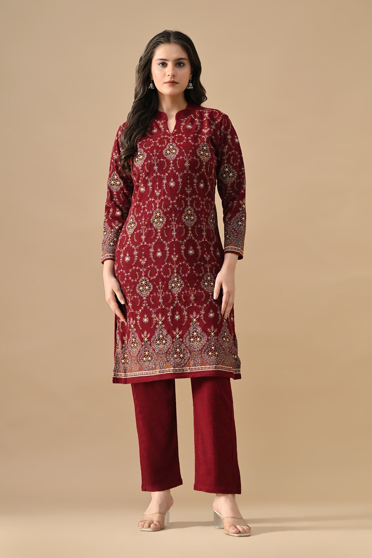 Winter Maroon Embroideredred Ethnic Motifs Woven Kurta 2 Pcs Set