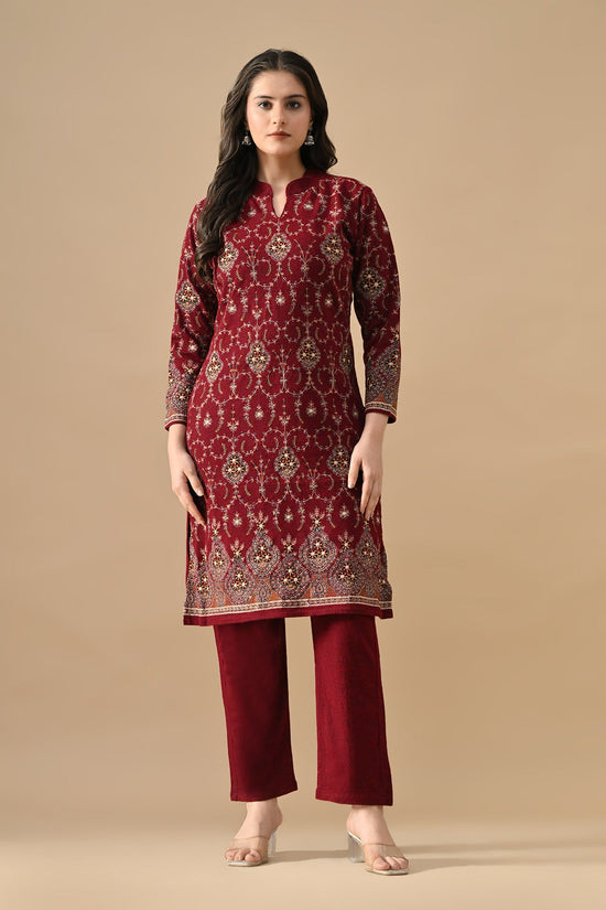 Winter Maroon Embroideredred Ethnic Motifs Woven Kurta 2 Pcs Set
