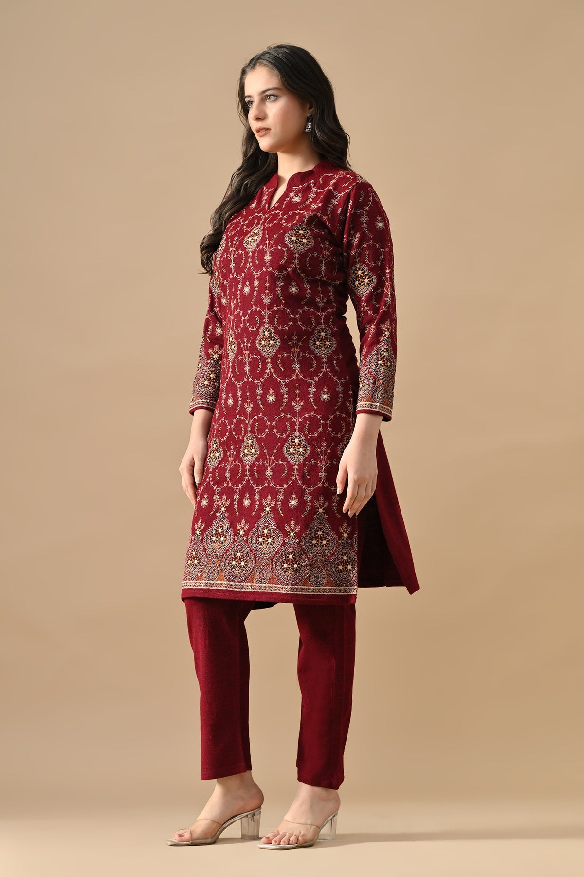 Winter Maroon Embroideredred Ethnic Motifs Woven Kurta 2 Pcs Set
