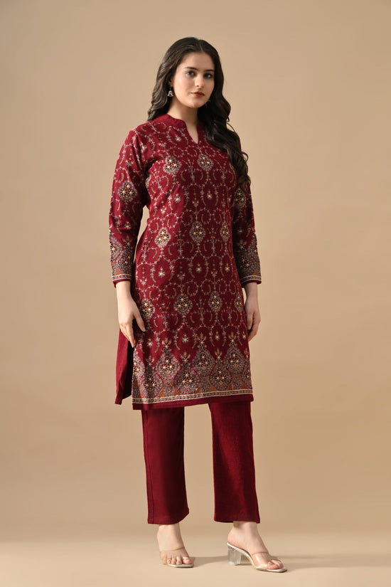 Winter Maroon Embroideredred Ethnic Motifs Woven Kurta 2 Pcs Set