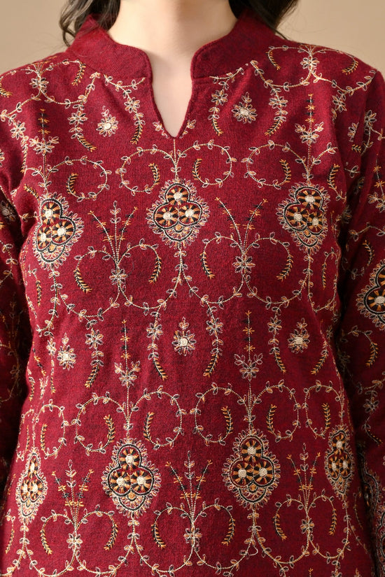 Winter Maroon Embroideredred Ethnic Motifs Woven Kurta 2 Pcs Set