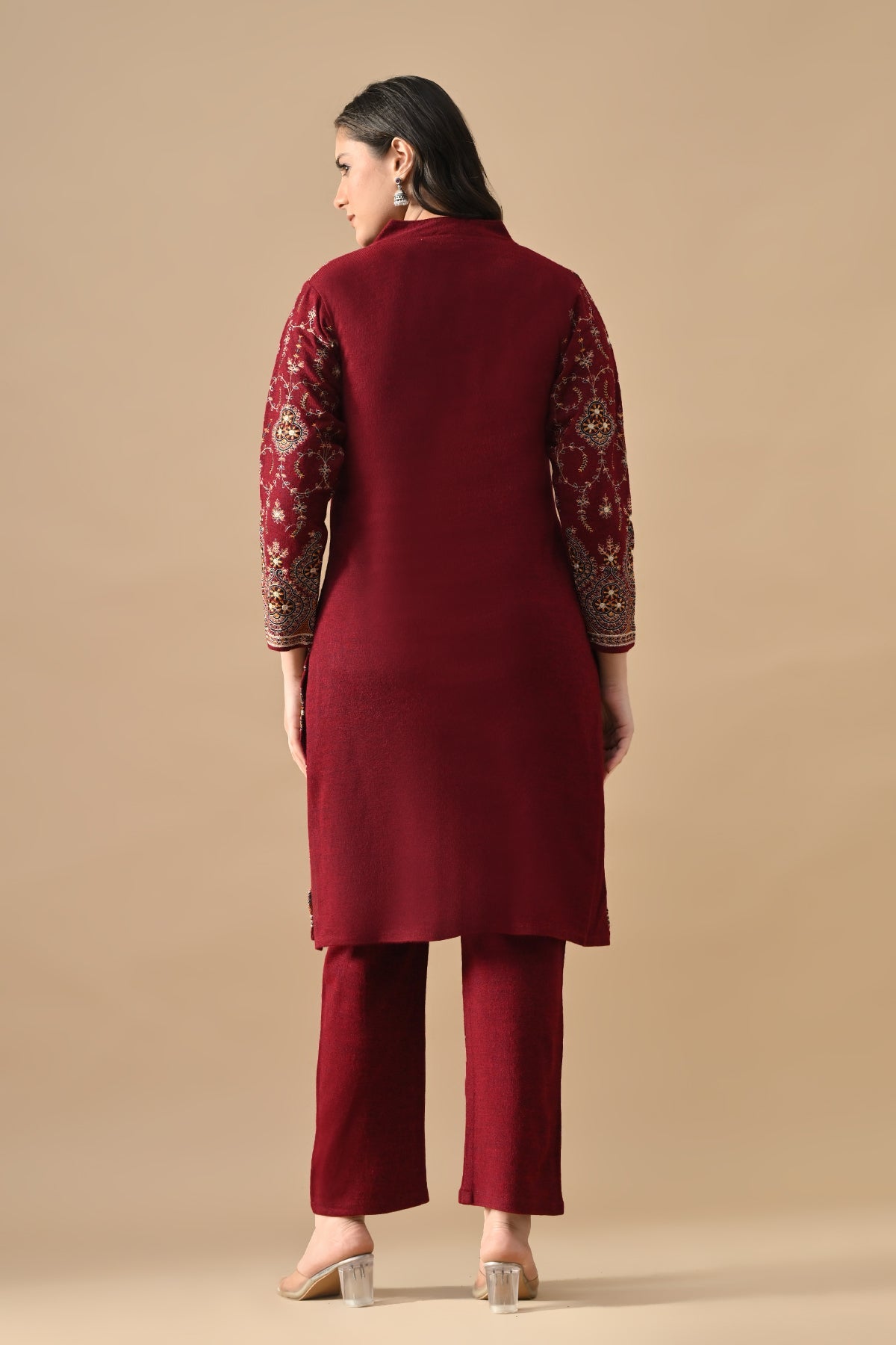 Winter Maroon Embroideredred Ethnic Motifs Woven Kurta 2 Pcs Set