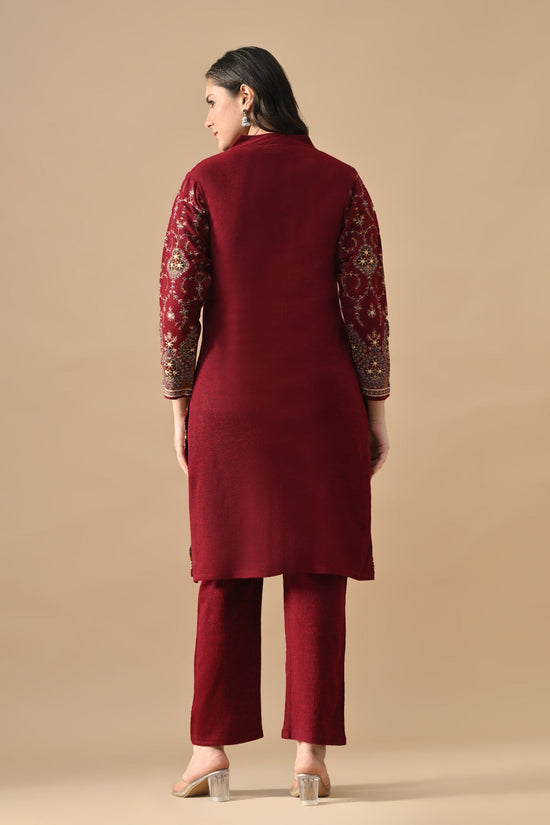 Winter Maroon Embroideredred Ethnic Motifs Woven Kurta 2 Pcs Set