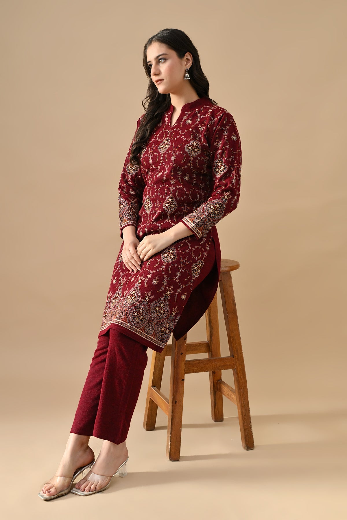 Winter Maroon Embroideredred Ethnic Motifs Woven Kurta 2 Pcs Set