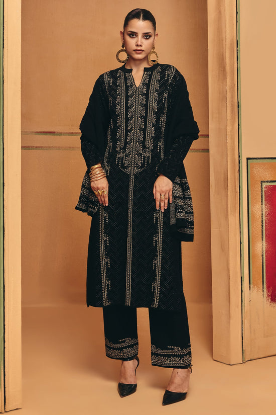 Winter Black Printed Ethnic Motifs Woven Kurta Set