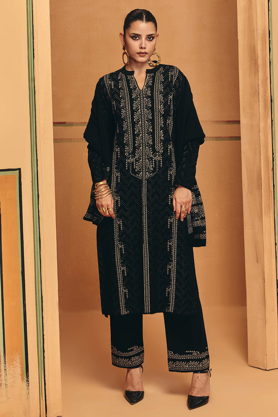 Winter Black Printed Ethnic Motifs Woven Kurta Set