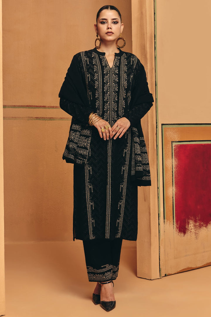 Winter Black Printed Ethnic Motifs Woven Kurta Set