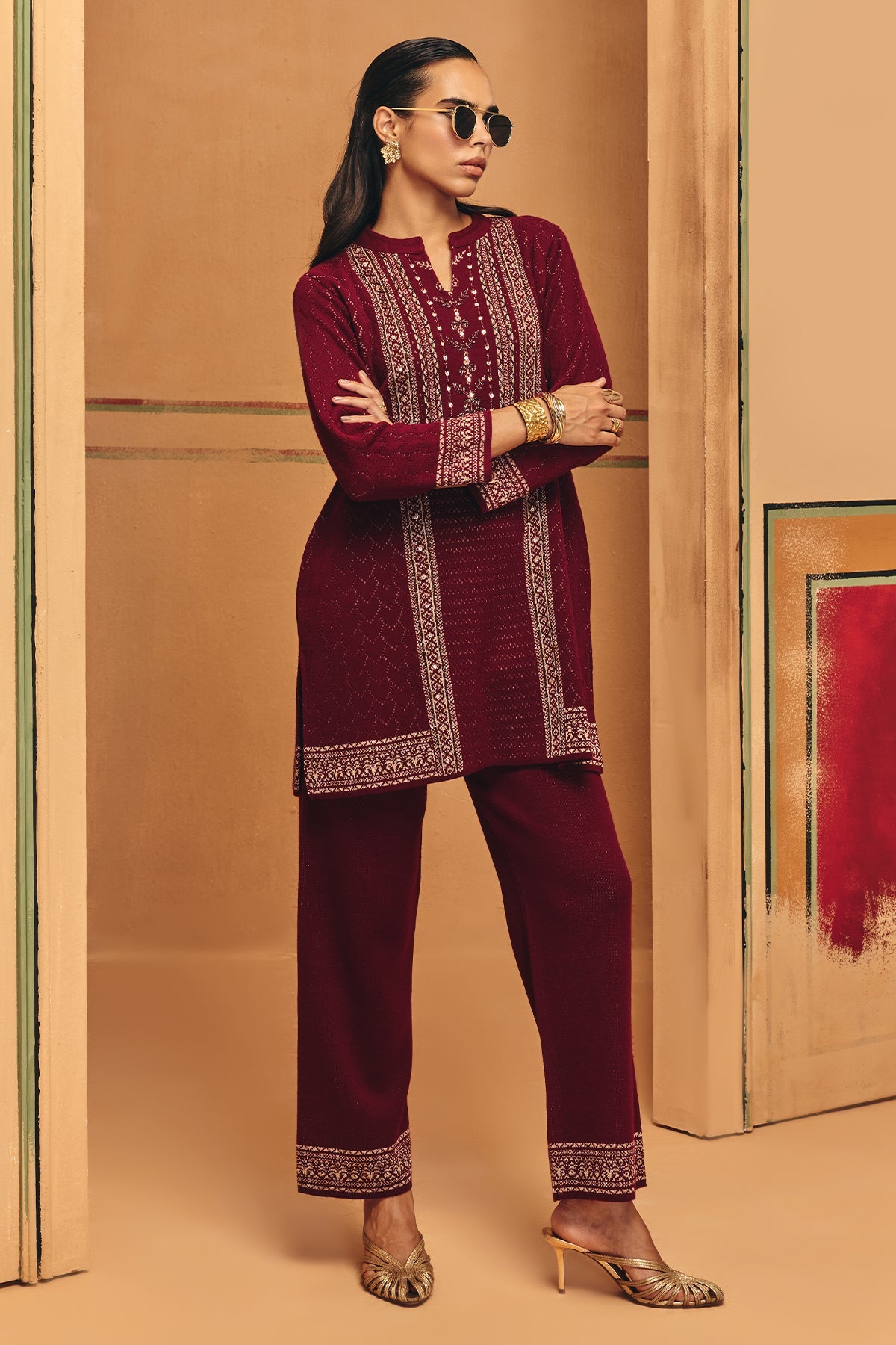 Winter Maroon Printed Ethnic Motifs Co-Ord Set