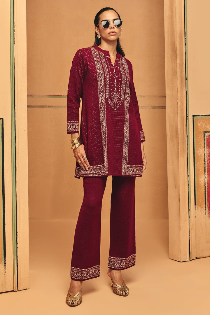 Winter Maroon Printed Ethnic Motifs Co-Ord Set