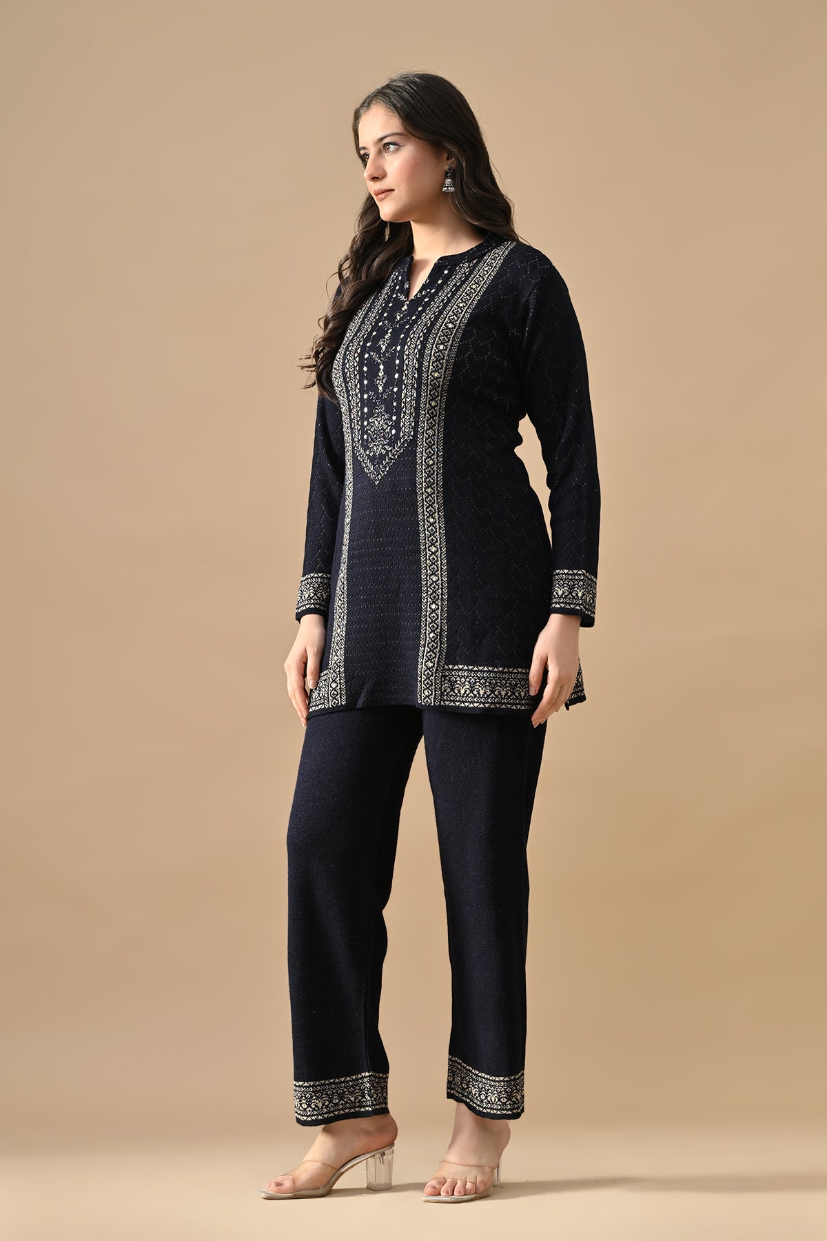 Winter Navy Blue Ethnic Motifs Woven Co-Ord Set