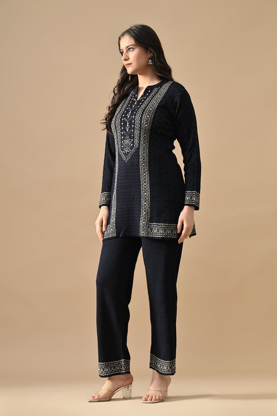 Winter Navy Blue Ethnic Motifs Woven Co-Ord Set