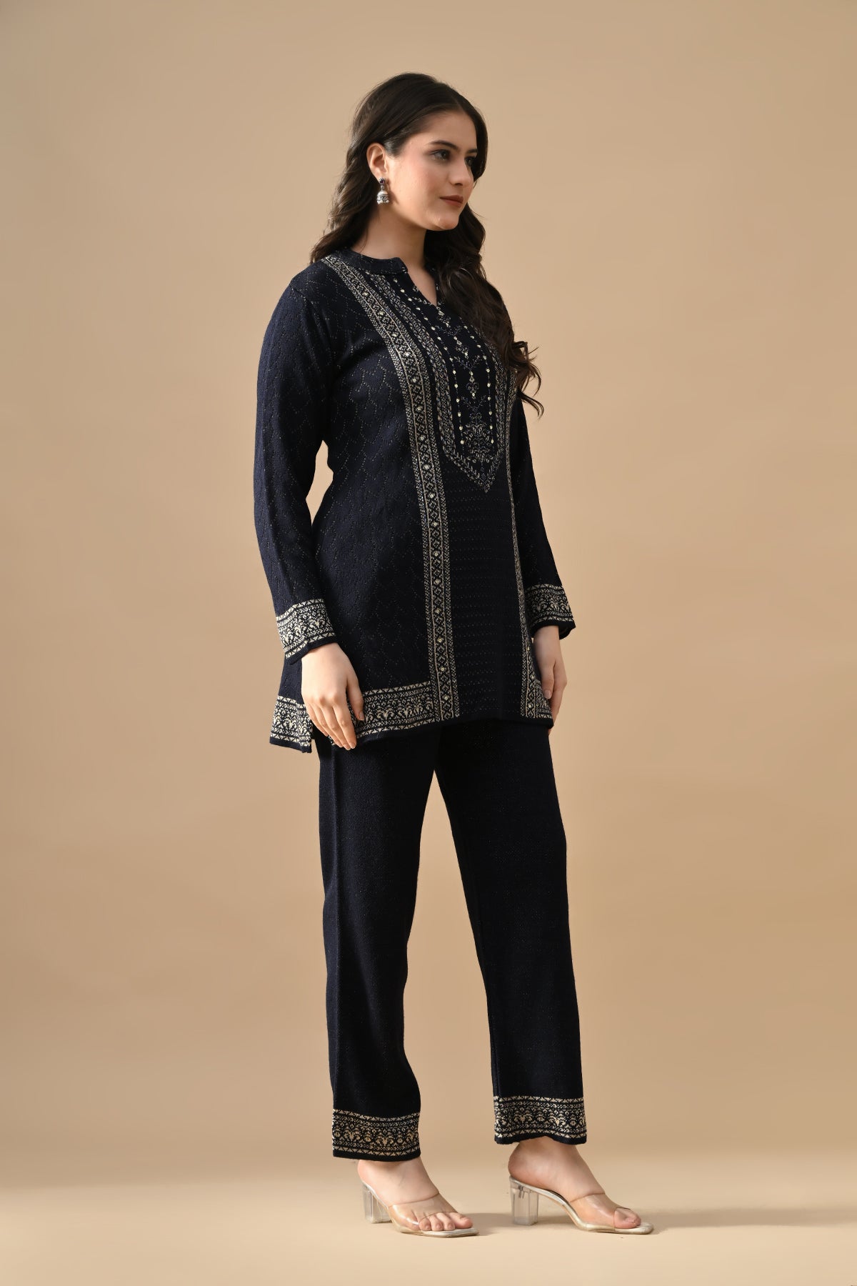 Winter Navy Blue Ethnic Motifs Woven Co-Ord Set