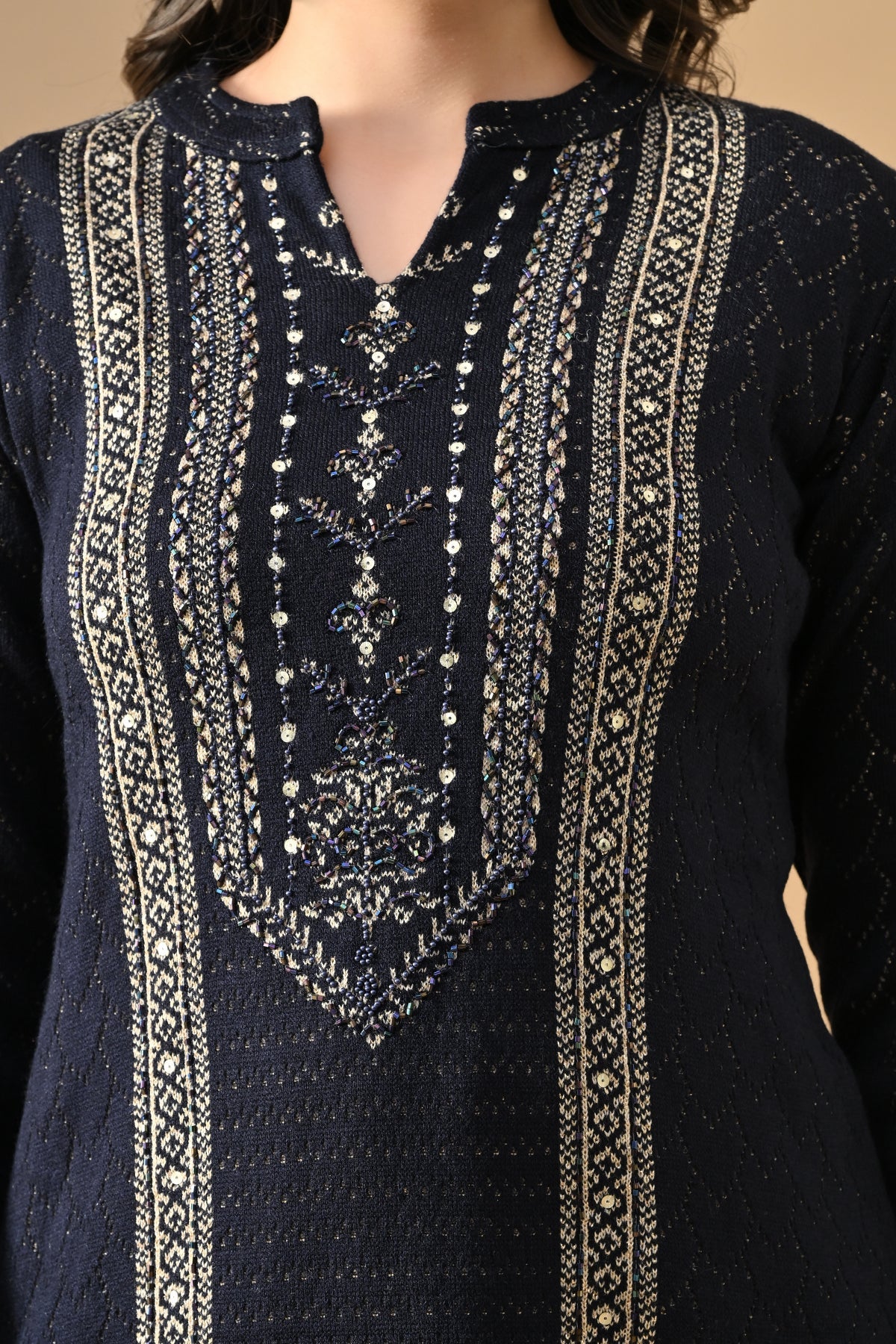 Winter Navy Blue Ethnic Motifs Woven Co-Ord Set