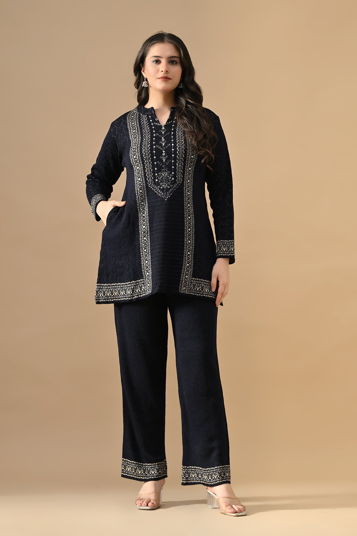 Winter Navy Blue Ethnic Motifs Woven Co-Ord Set