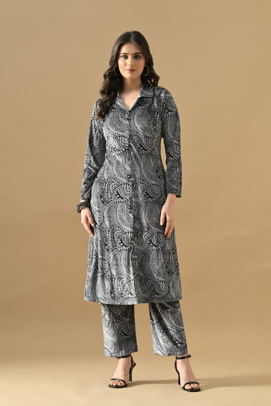 Winter Grey Printed Ethnic Motifs Woven Kurta Set