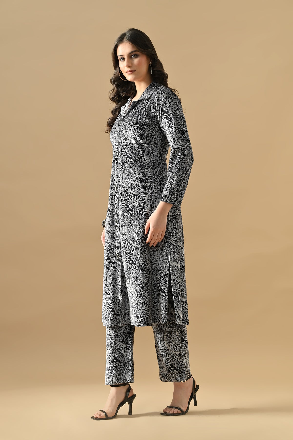 Winter Grey Printed Ethnic Motifs Woven Kurta Set