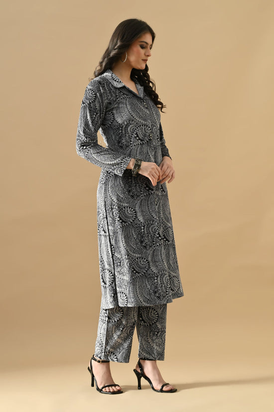 Winter Grey Printed Ethnic Motifs Woven Kurta Set