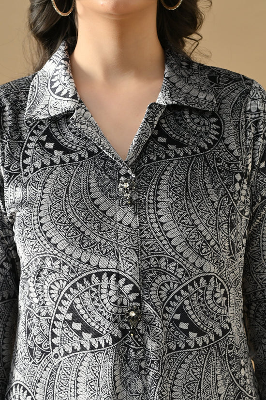 Winter Grey Printed Ethnic Motifs Woven Kurta Set